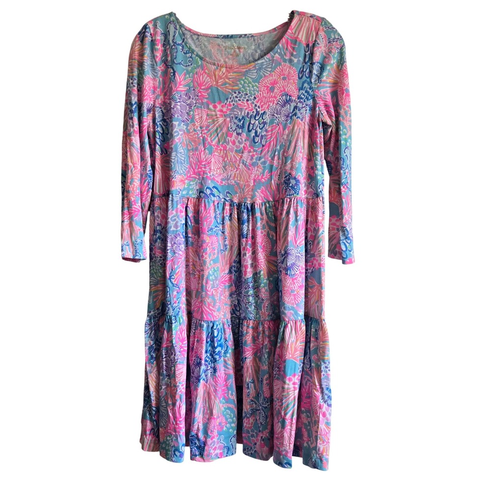 Lilly Pulitzer S Etta Tiered Dress Womens Pink Blue Coral Excellent 007949